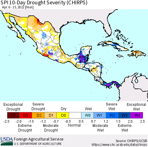 Mexico Central America and the Caribbean SPI 10-Day Drought Severity (CHIRPS) Thematic Map For 4/6/2022 - 4/15/2022