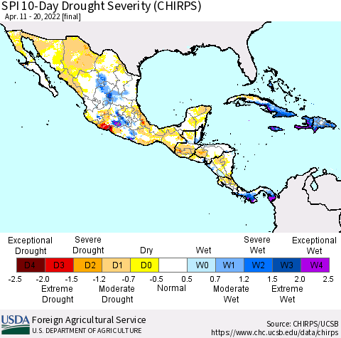 Mexico Central America and the Caribbean SPI 10-Day Drought Severity (CHIRPS) Thematic Map For 4/11/2022 - 4/20/2022