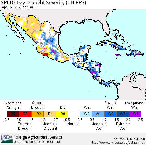 Mexico Central America and the Caribbean SPI 10-Day Drought Severity (CHIRPS) Thematic Map For 4/16/2022 - 4/25/2022