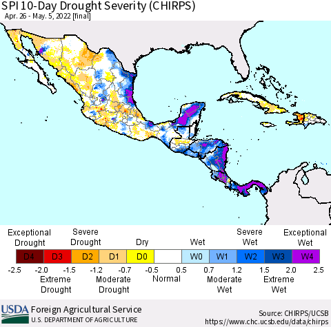 Mexico Central America and the Caribbean SPI 10-Day Drought Severity (CHIRPS) Thematic Map For 4/26/2022 - 5/5/2022