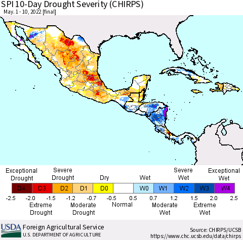 Mexico Central America and the Caribbean SPI 10-Day Drought Severity (CHIRPS) Thematic Map For 5/1/2022 - 5/10/2022