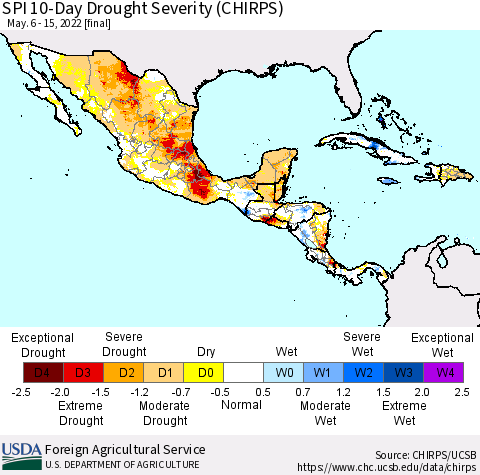 Mexico Central America and the Caribbean SPI 10-Day Drought Severity (CHIRPS) Thematic Map For 5/6/2022 - 5/15/2022