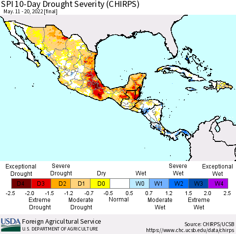 Mexico Central America and the Caribbean SPI 10-Day Drought Severity (CHIRPS) Thematic Map For 5/11/2022 - 5/20/2022