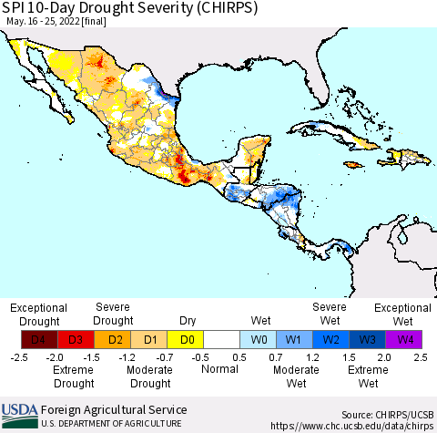 Mexico Central America and the Caribbean SPI 10-Day Drought Severity (CHIRPS) Thematic Map For 5/16/2022 - 5/25/2022
