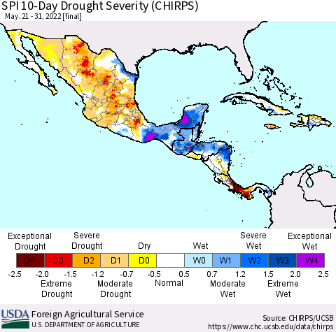 Mexico Central America and the Caribbean SPI 10-Day Drought Severity (CHIRPS) Thematic Map For 5/21/2022 - 5/31/2022