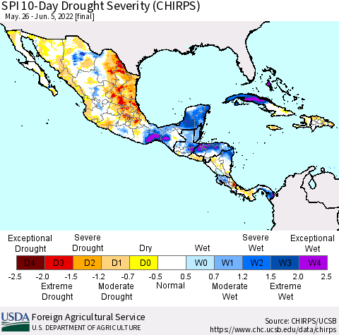 Mexico Central America and the Caribbean SPI 10-Day Drought Severity (CHIRPS) Thematic Map For 5/26/2022 - 6/5/2022