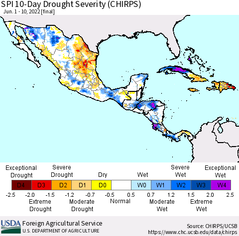 Mexico Central America and the Caribbean SPI 10-Day Drought Severity (CHIRPS) Thematic Map For 6/1/2022 - 6/10/2022