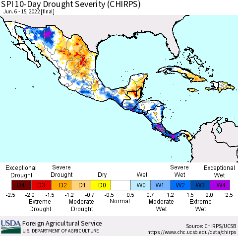 Mexico Central America and the Caribbean SPI 10-Day Drought Severity (CHIRPS) Thematic Map For 6/6/2022 - 6/15/2022