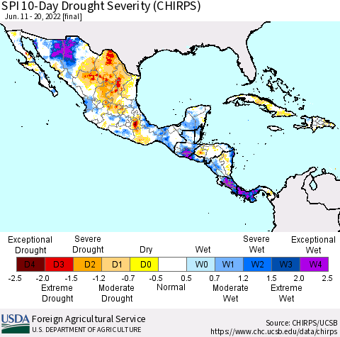 Mexico Central America and the Caribbean SPI 10-Day Drought Severity (CHIRPS) Thematic Map For 6/11/2022 - 6/20/2022