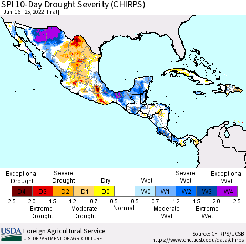 Mexico Central America and the Caribbean SPI 10-Day Drought Severity (CHIRPS) Thematic Map For 6/16/2022 - 6/25/2022