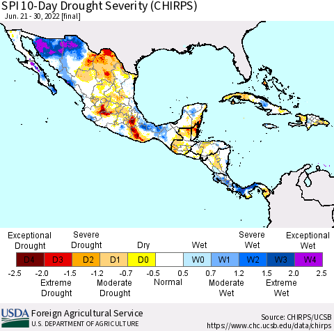 Mexico Central America and the Caribbean SPI 10-Day Drought Severity (CHIRPS) Thematic Map For 6/21/2022 - 6/30/2022