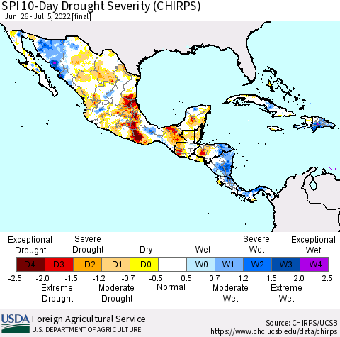 Mexico Central America and the Caribbean SPI 10-Day Drought Severity (CHIRPS) Thematic Map For 6/26/2022 - 7/5/2022