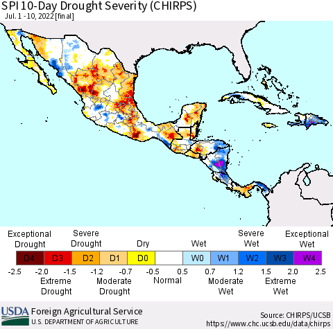 Mexico Central America and the Caribbean SPI 10-Day Drought Severity (CHIRPS) Thematic Map For 7/1/2022 - 7/10/2022