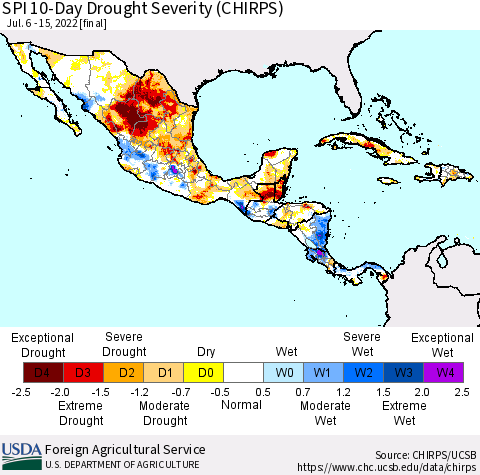 Mexico Central America and the Caribbean SPI 10-Day Drought Severity (CHIRPS) Thematic Map For 7/6/2022 - 7/15/2022