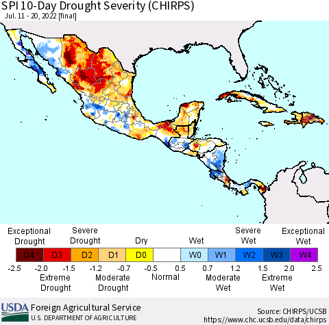 Mexico Central America and the Caribbean SPI 10-Day Drought Severity (CHIRPS) Thematic Map For 7/11/2022 - 7/20/2022