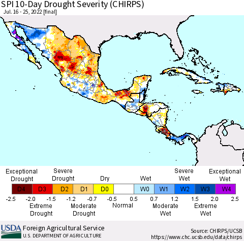Mexico Central America and the Caribbean SPI 10-Day Drought Severity (CHIRPS) Thematic Map For 7/16/2022 - 7/25/2022