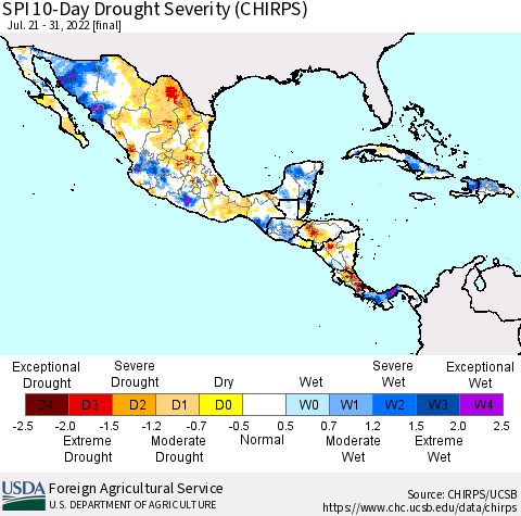 Mexico Central America and the Caribbean SPI 10-Day Drought Severity (CHIRPS) Thematic Map For 7/21/2022 - 7/31/2022
