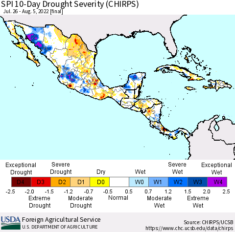 Mexico Central America and the Caribbean SPI 10-Day Drought Severity (CHIRPS) Thematic Map For 7/26/2022 - 8/5/2022