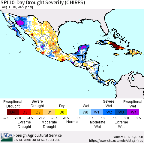Mexico Central America and the Caribbean SPI 10-Day Drought Severity (CHIRPS) Thematic Map For 8/1/2022 - 8/10/2022