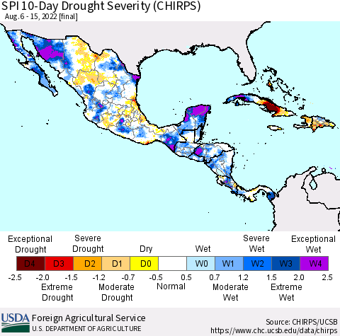 Mexico Central America and the Caribbean SPI 10-Day Drought Severity (CHIRPS) Thematic Map For 8/6/2022 - 8/15/2022
