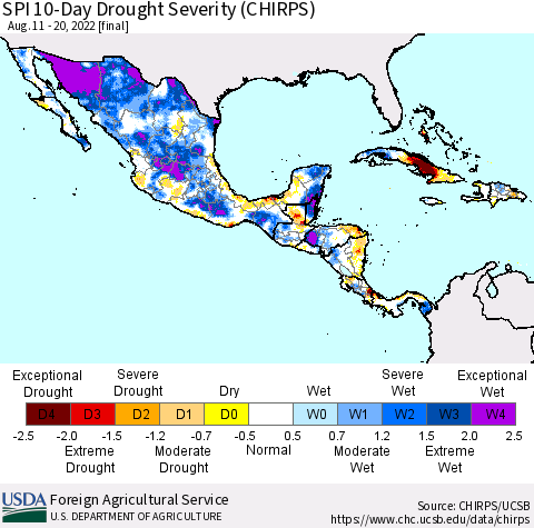 Mexico Central America and the Caribbean SPI 10-Day Drought Severity (CHIRPS) Thematic Map For 8/11/2022 - 8/20/2022