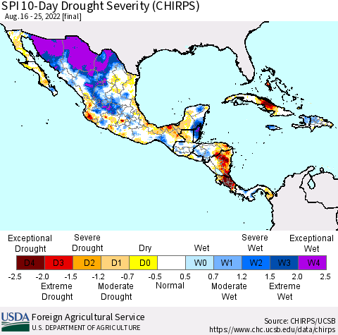 Mexico Central America and the Caribbean SPI 10-Day Drought Severity (CHIRPS) Thematic Map For 8/16/2022 - 8/25/2022