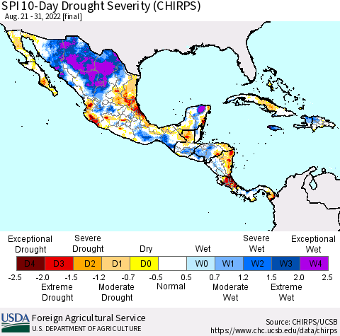 Mexico Central America and the Caribbean SPI 10-Day Drought Severity (CHIRPS) Thematic Map For 8/21/2022 - 8/31/2022