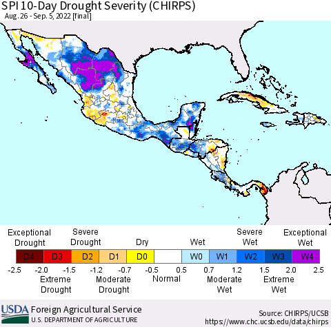 Mexico Central America and the Caribbean SPI 10-Day Drought Severity (CHIRPS) Thematic Map For 8/26/2022 - 9/5/2022