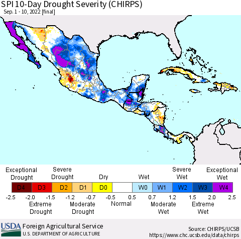 Mexico Central America and the Caribbean SPI 10-Day Drought Severity (CHIRPS) Thematic Map For 9/1/2022 - 9/10/2022