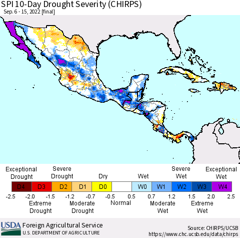 Mexico Central America and the Caribbean SPI 10-Day Drought Severity (CHIRPS) Thematic Map For 9/6/2022 - 9/15/2022