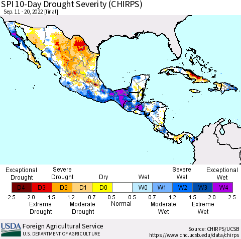 Mexico Central America and the Caribbean SPI 10-Day Drought Severity (CHIRPS) Thematic Map For 9/11/2022 - 9/20/2022