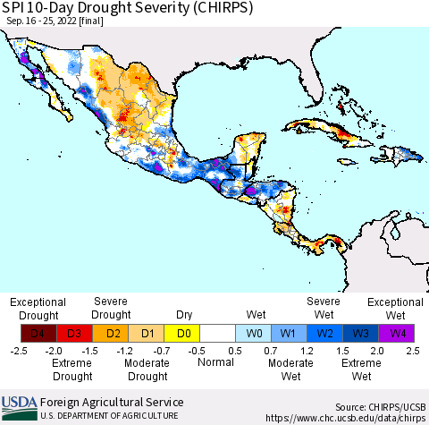 Mexico Central America and the Caribbean SPI 10-Day Drought Severity (CHIRPS) Thematic Map For 9/16/2022 - 9/25/2022