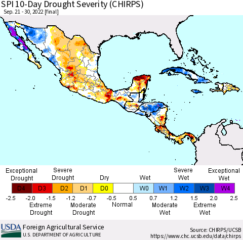 Mexico Central America and the Caribbean SPI 10-Day Drought Severity (CHIRPS) Thematic Map For 9/21/2022 - 9/30/2022