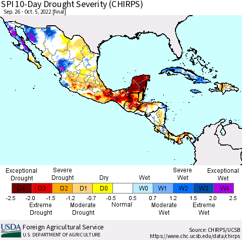 Mexico Central America and the Caribbean SPI 10-Day Drought Severity (CHIRPS) Thematic Map For 9/26/2022 - 10/5/2022