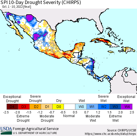 Mexico Central America and the Caribbean SPI 10-Day Drought Severity (CHIRPS) Thematic Map For 10/1/2022 - 10/10/2022