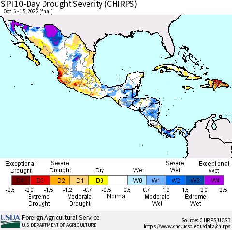 Mexico Central America and the Caribbean SPI 10-Day Drought Severity (CHIRPS) Thematic Map For 10/6/2022 - 10/15/2022