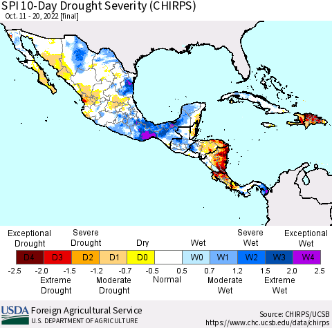 Mexico Central America and the Caribbean SPI 10-Day Drought Severity (CHIRPS) Thematic Map For 10/11/2022 - 10/20/2022