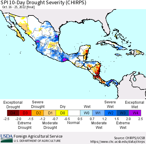 Mexico Central America and the Caribbean SPI 10-Day Drought Severity (CHIRPS) Thematic Map For 10/16/2022 - 10/25/2022