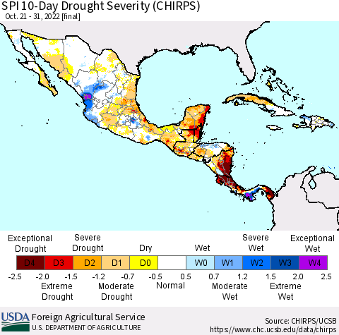 Mexico Central America and the Caribbean SPI 10-Day Drought Severity (CHIRPS) Thematic Map For 10/21/2022 - 10/31/2022