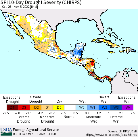 Mexico Central America and the Caribbean SPI 10-Day Drought Severity (CHIRPS) Thematic Map For 10/26/2022 - 11/5/2022