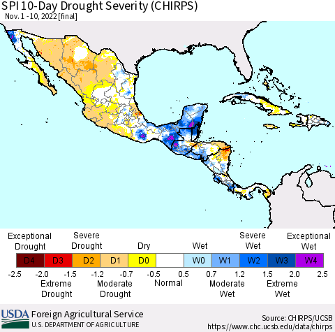 Mexico Central America and the Caribbean SPI 10-Day Drought Severity (CHIRPS) Thematic Map For 11/1/2022 - 11/10/2022