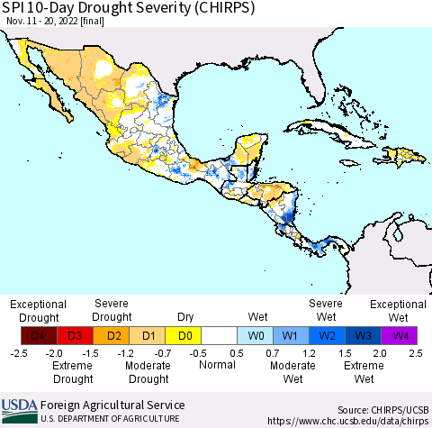 Mexico Central America and the Caribbean SPI 10-Day Drought Severity (CHIRPS) Thematic Map For 11/11/2022 - 11/20/2022