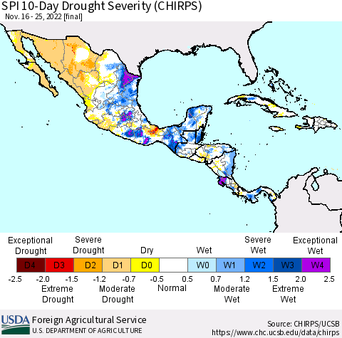 Mexico Central America and the Caribbean SPI 10-Day Drought Severity (CHIRPS) Thematic Map For 11/16/2022 - 11/25/2022