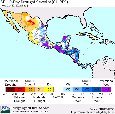 Mexico Central America and the Caribbean SPI 10-Day Drought Severity (CHIRPS) Thematic Map For 11/21/2022 - 11/30/2022