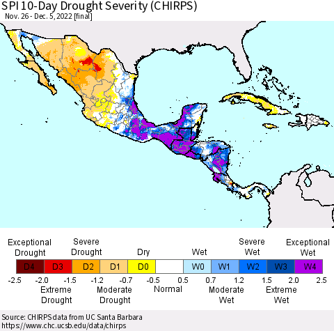 Mexico Central America and the Caribbean SPI 10-Day Drought Severity (CHIRPS) Thematic Map For 11/26/2022 - 12/5/2022