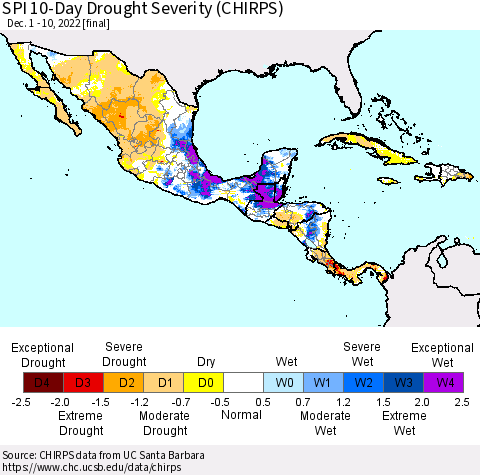 Mexico Central America and the Caribbean SPI 10-Day Drought Severity (CHIRPS) Thematic Map For 12/1/2022 - 12/10/2022