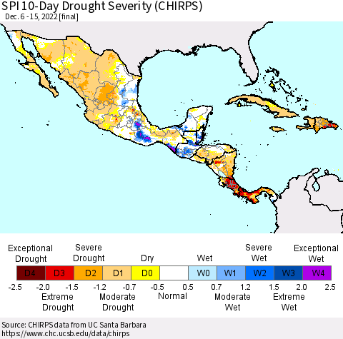 Mexico Central America and the Caribbean SPI 10-Day Drought Severity (CHIRPS) Thematic Map For 12/6/2022 - 12/15/2022