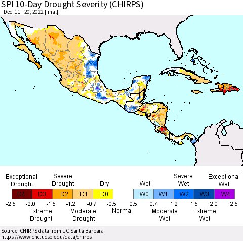 Mexico Central America and the Caribbean SPI 10-Day Drought Severity (CHIRPS) Thematic Map For 12/11/2022 - 12/20/2022