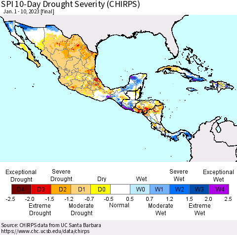 Mexico Central America and the Caribbean SPI 10-Day Drought Severity (CHIRPS) Thematic Map For 1/1/2023 - 1/10/2023