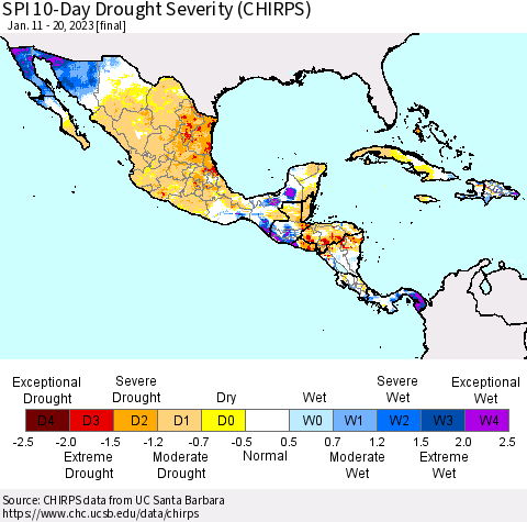 Mexico Central America and the Caribbean SPI 10-Day Drought Severity (CHIRPS) Thematic Map For 1/11/2023 - 1/20/2023